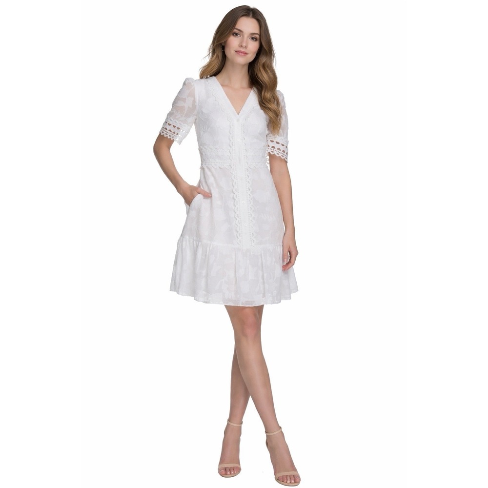 ELIZA J SIZE 12 SHORT SLEEVE WHITE FLORAL BURNOUT SHIRTDRESS BUTTON FRONT NWT